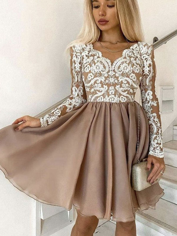 A-line Lace Long Sleeves Chic Modest Sparkly Short Homecoming Dresses PromSew A-line Lace Long Sleeves Chic Modest Sparkly Short Homecoming Dresses PromSew