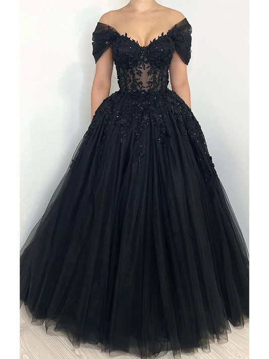 A-line Black Off the Shoulder Tulle Princess Unique Fashion Party Evening Long Prom Dresses PD022