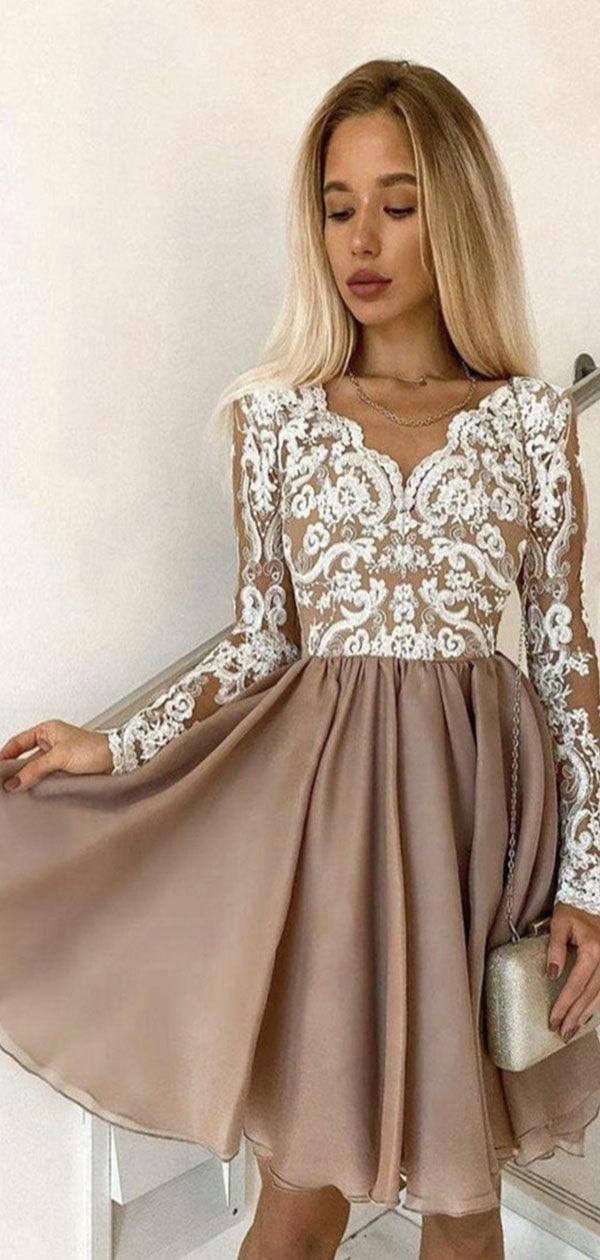 A-line Lace Long Sleeves Chic Modest Sparkly Short Homecoming Dresses – PromSew