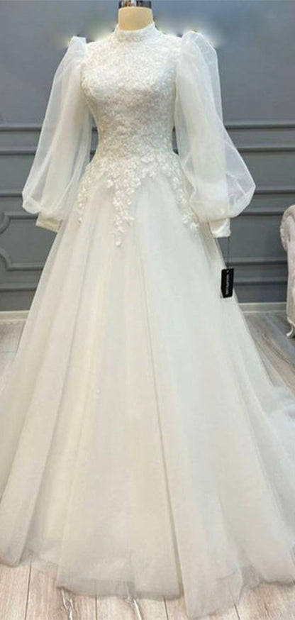 A-line Newest Long Sleeves High Neck Princess Dream Beach Vintage Long Wedding Dresses WD006