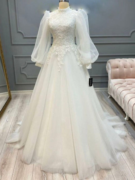 A-line Newest Long Sleeves High Neck Princess Dream Beach Vintage Long Wedding Dresses WD006