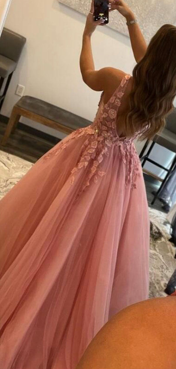 A-line Pink V-Neck Princess Lace Unique Fashion Party Evening Long Prom Dresses PD025