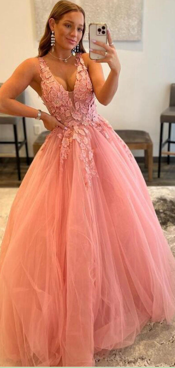 A-line Pink V-Neck Princess Lace Unique Fashion Party Evening Long Prom Dresses PD025