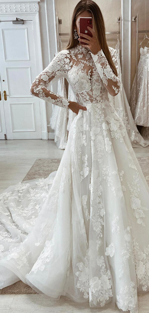 A-line Popular Long Sleeves Lace Unique Elegant Dream Beach Vintage Long Wedding Dresses WD005