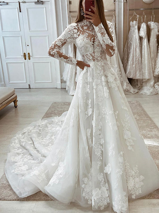 A-line Popular Long Sleeves Lace Unique Elegant Dream Beach Vintage Long Wedding Dresses WD005