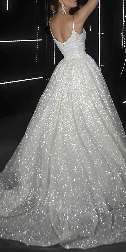 A-line Sequin Spaghetti Straps Sparkly Couture Unique Dream Beach Vintage Long Wedding Dresses WD015