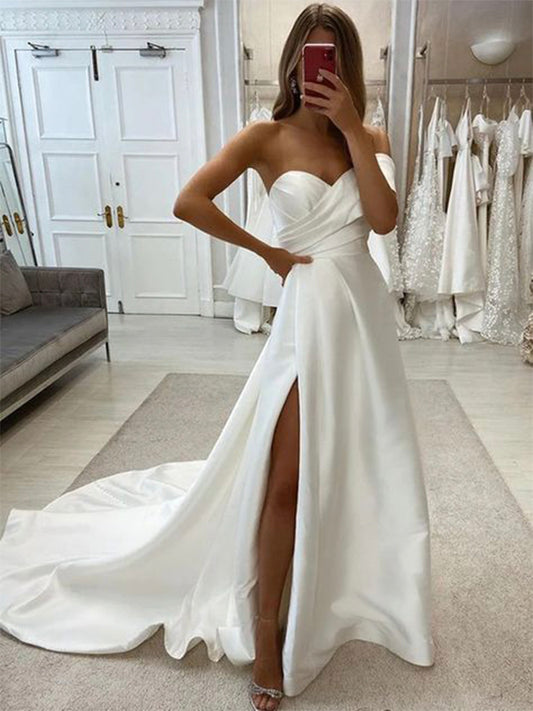 A-line Simple One Shoulder Satin Garden Unique Dream Beach Vintage Long Wedding Dresses WD017