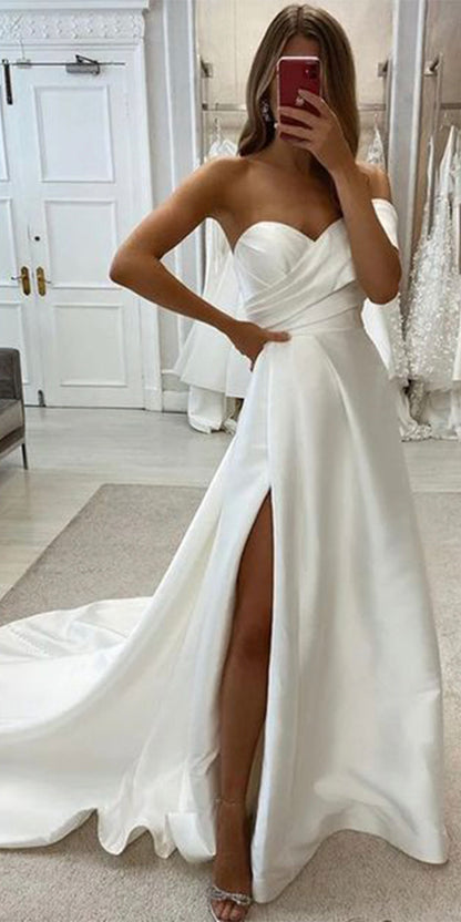 A-line Simple One Shoulder Satin Garden Unique Dream Beach Vintage Long Wedding Dresses WD017