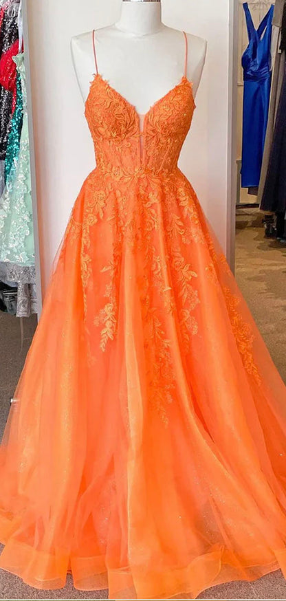 A-line Spaghetti Straps Orange Lace Unique Mermaid Fashion Party Evening Long Prom Dresses PD020