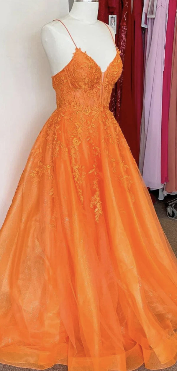 A-line Spaghetti Straps Orange Lace Unique Mermaid Fashion Party Evening Long Prom Dresses PD020