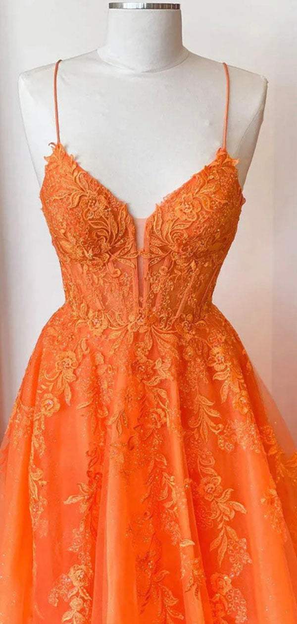 A-line Spaghetti Straps Orange Lace Unique Mermaid Fashion Party Evening Long Prom Dresses PD020