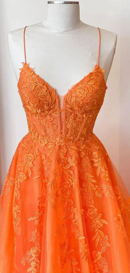 A-line Spaghetti Straps Orange Lace Unique Mermaid Fashion Party Evening Long Prom Dresses PD020