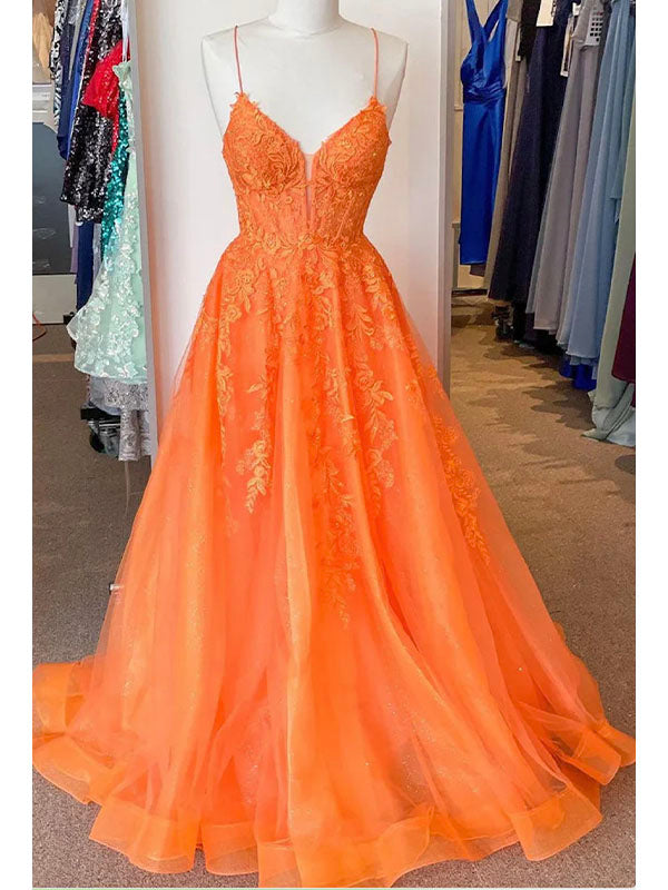 A-line Spaghetti Straps Orange Lace Unique Mermaid Fashion Party Evening Long Prom Dresses PD020