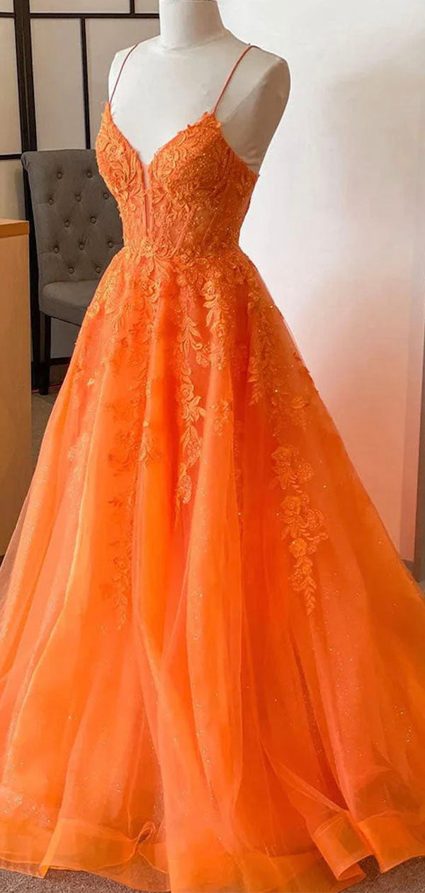 A-line Spaghetti Straps Orange Lace Unique Mermaid Fashion Party Evening Long Prom Dresses PD020