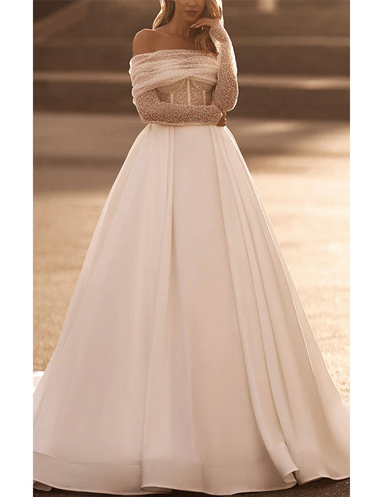 A-line Sparkly Long Sleeves Satin Couture Unique Dream Beach Vintage Long Wedding Dresses WD016