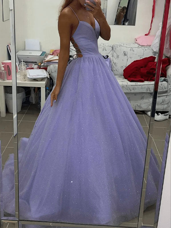 A-line Sparkly Sequin Straps Light Purple Princess Popular Fashion Party Evening Long Prom Dresses PD023