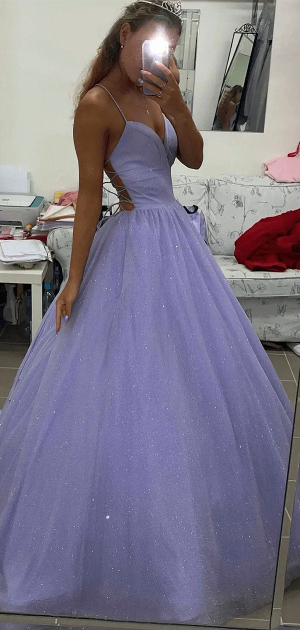 A-line Sparkly Sequin Straps Light Purple Princess Popular Fashion Party Evening Long Prom Dresses PD023