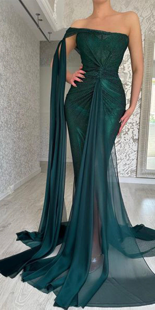 Dark Green One Shoulder Newest Unique Popular Mermaid Fashion Party Evening Long Prom Dresses PD013