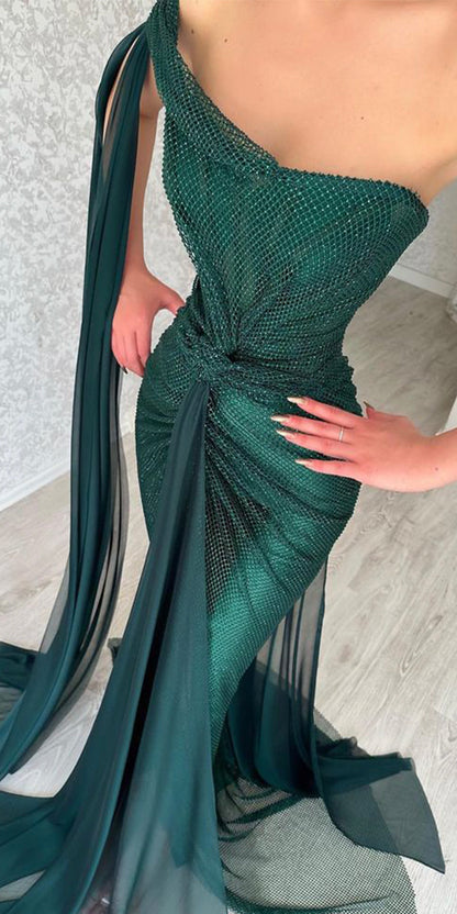 Dark Green One Shoulder Newest Unique Popular Mermaid Fashion Party Evening Long Prom Dresses PD013