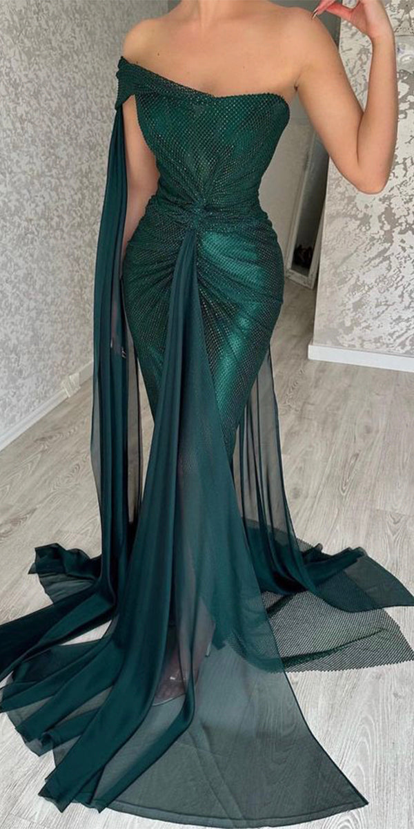 Dark Green One Shoulder Newest Unique Popular Mermaid Fashion Party Evening Long Prom Dresses PD013