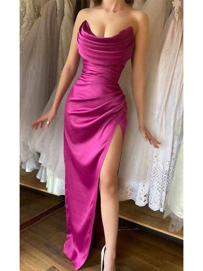 Hot Pink Popular  Elegant Mermaid Strapless Sexy Modern Party Evening Long Prom Dresses PD009