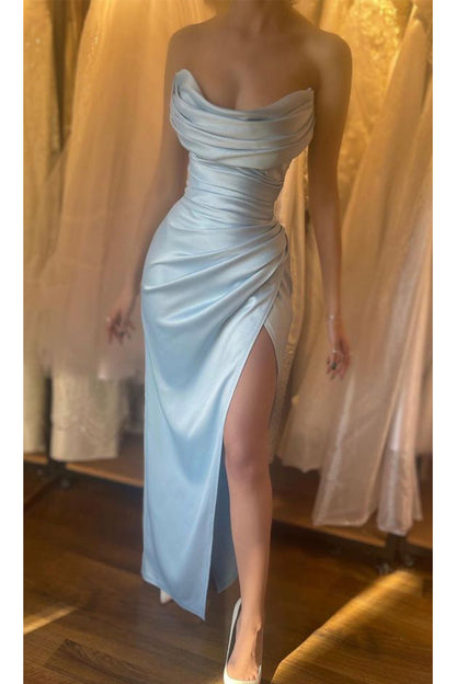 Light Sky Blue Elegant Mermaid Strapless Sexy Modern Party Evening Long Prom Dresses PD008