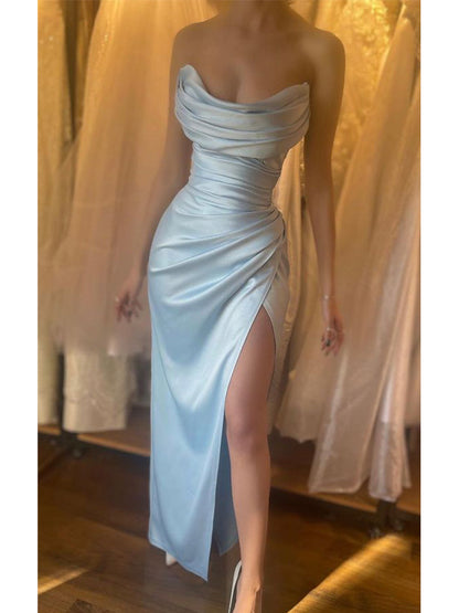 Light Sky Blue Elegant Mermaid Strapless Sexy Modern Party Evening Long Prom Dresses PD008