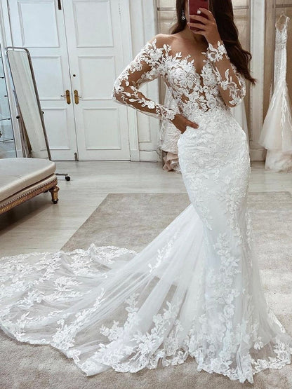 Mermaid Long Sleeves Lace Unique Elegant Dream Beach Vintage Long Wedding Dresses WD004