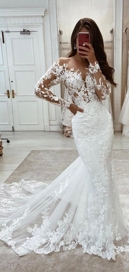 Mermaid Long Sleeves Lace Unique Elegant Dream Beach Vintage Long Wedding Dresses WD004