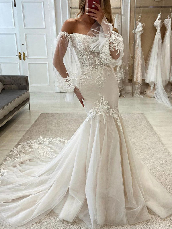 Mermaid Off the Shoulder Long Sleeves Elegant Dream Beach Vintage Long Wedding Dresses WD007