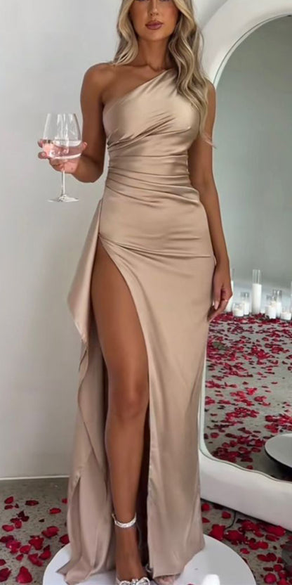 Mermaid Simple Formal Satin One Shoulder Elegant Fashion Party Evening Long Prom Dresses PD041
