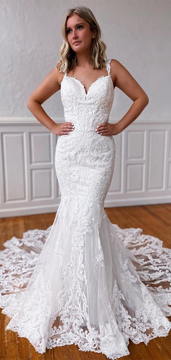 Mermaid Sleeveless Lace Custom Formal Dream Beach Vintage Long Wedding Dresses WD009