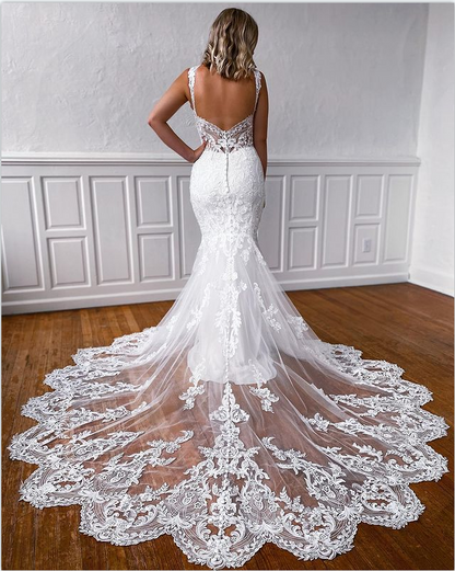 Mermaid Sleeveless Lace Custom Formal Dream Beach Vintage Long Wedding Dresses WD009