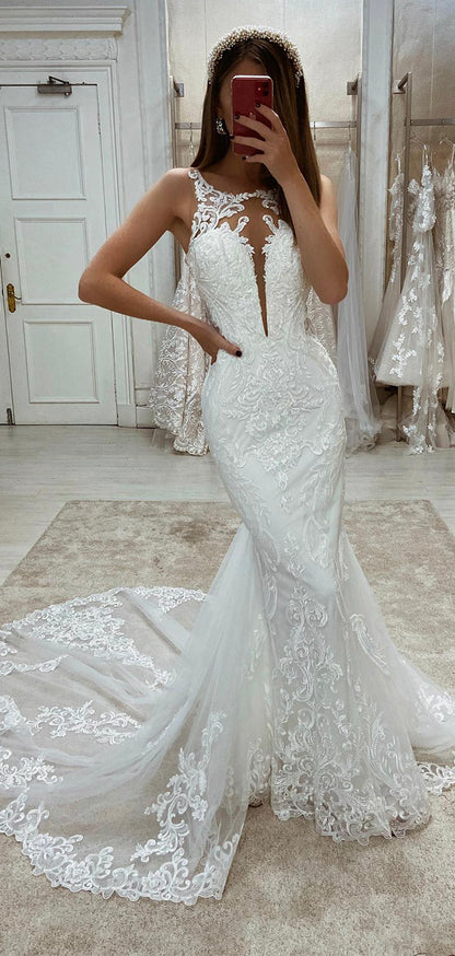 Mermaid Sleeveless Lace Unique Elegant Dream Beach Vintage Long Wedding Dresses WD008