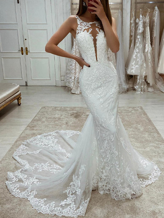 Mermaid Sleeveless Lace Unique Elegant Dream Beach Vintage Long Wedding Dresses WD008