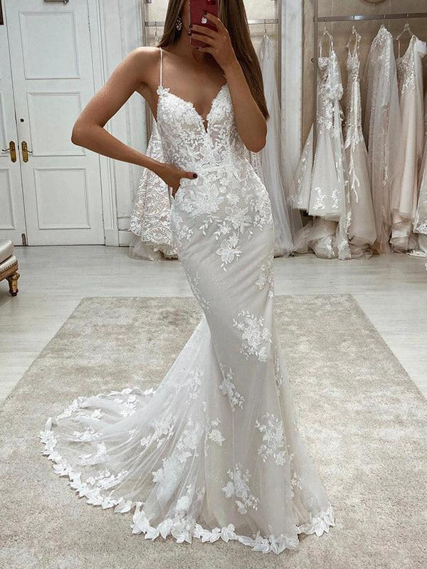 Mermaid Spaghetti Straps Garden New Couture Unique Dream Beach Vintage Long Wedding Dresses WD014