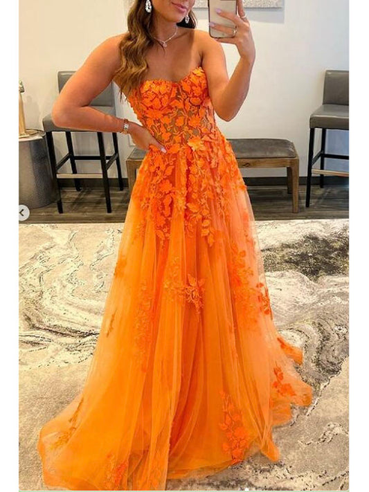 Orange Lace Strapless Custom Unique Mermaid Fashion Party Evening Long Prom Dresses PD019