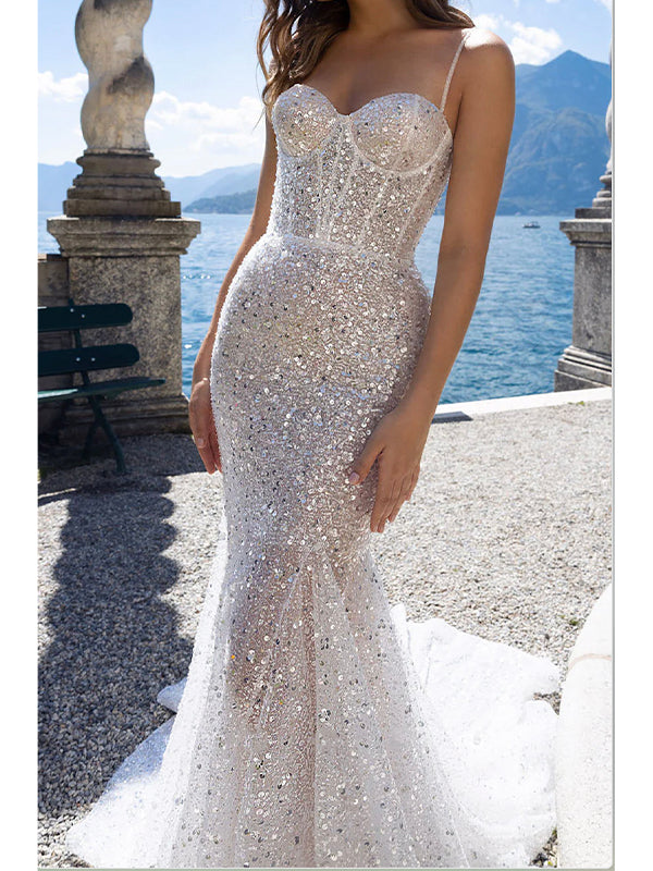 Sparkly Mermaid Sequin Spaghetti Straps Garden Unique Dream Beach Vintage Long Wedding Dresses WD019