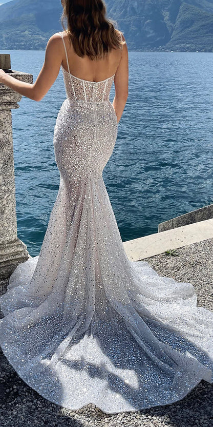 Sparkly Mermaid Sequin Spaghetti Straps Garden Unique Dream Beach Vintage Long Wedding Dresses WD019