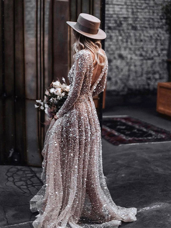 Sparkly Sequin Long Sleeves Unique Dream Beach Vintage Long Wedding Dresses WD003