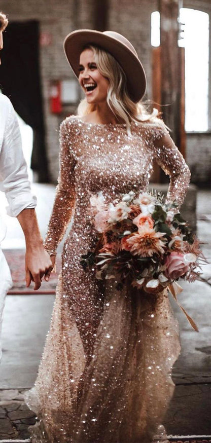 Sparkly Sequin Long Sleeves Unique Dream Beach Vintage Long Wedding Dresses WD003