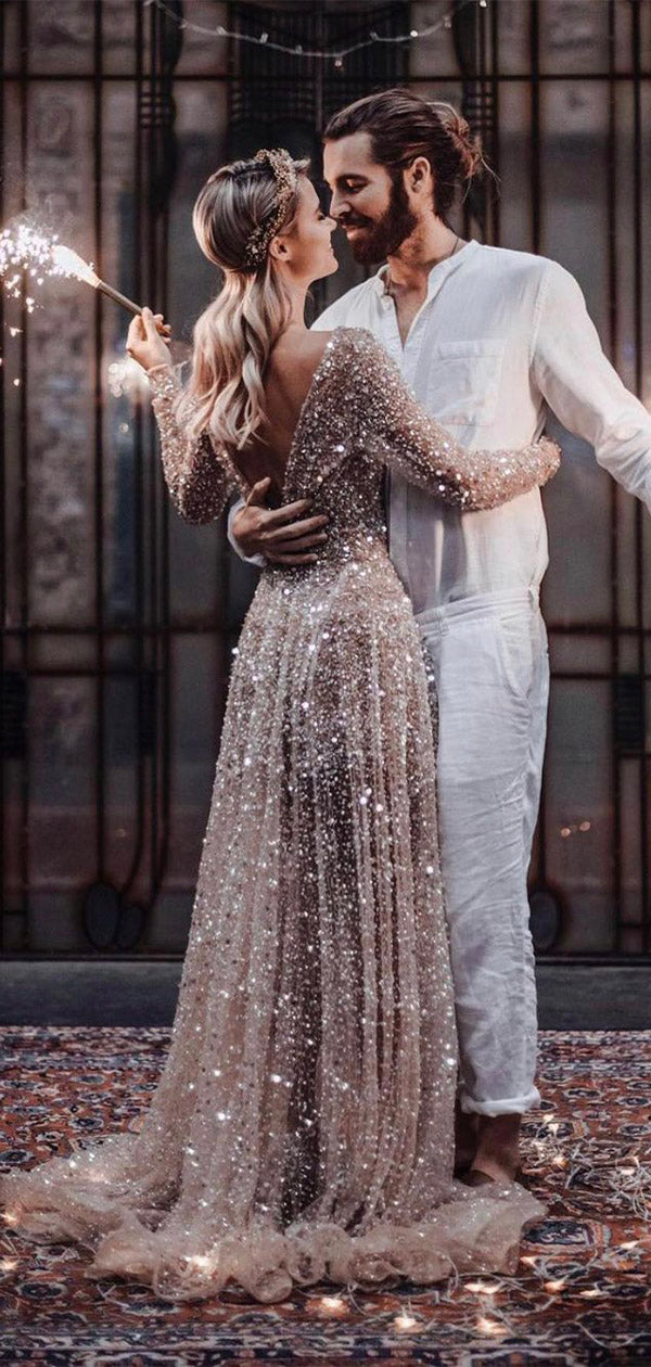 Sparkly Sequin Long Sleeves Unique Dream Beach Vintage Long Wedding Dresses WD003