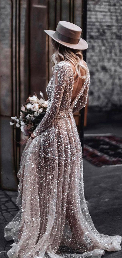 Sparkly Sequin Long Sleeves Unique Dream Beach Vintage Long Wedding Dresses WD003