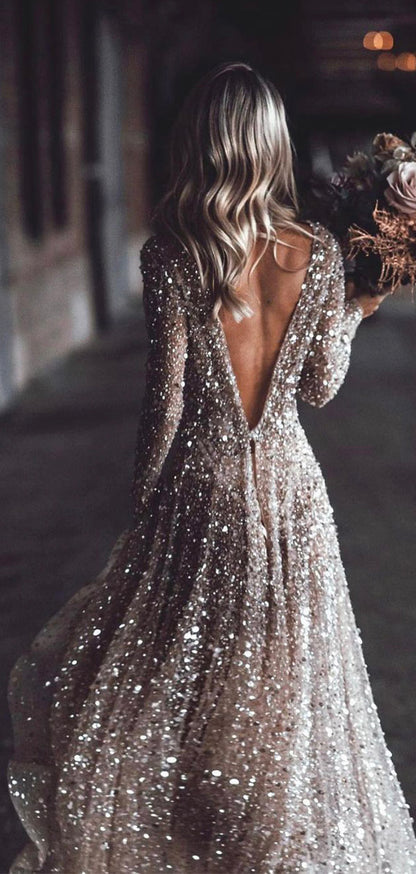 Sparkly Sequin Long Sleeves Unique Dream Beach Vintage Long Wedding Dresses WD003